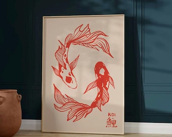 Koi Fish Art Print, Japanese Retro Wall Art, Trendy Orange Vintage Print, Hand Drawn Aesthetic Koi Fish, Fun Simple Animal Poster