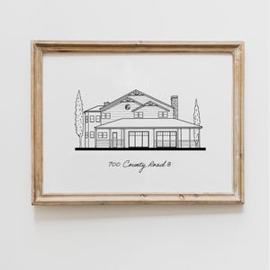 Puede incluir: Un dibujo en blanco y negro de una casa con un porche y dos &aacute;rboles. La direcci&oacute;n "700 County Road 8" est&aacute; escrita debajo de la casa.