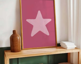 Pink Star Art Print, Hand Drawn, Retro Decor (Digital Download)