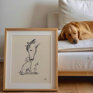 Pferd und Hund Kunstdruck, Pferd Vintage Skizze, Reiter Wandkunst, Welpe Pferd Zeichnung Handgezeichnete Kunst, Kinderzimmer Dekor, süsse Tier Geschenke