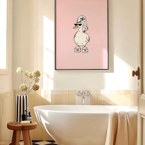 Duck in Slippers Art Print, Pink Retro Wall Art, Funny Bathroom Art ...