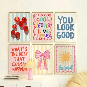 Arte mural de galería maximalista, conjunto ecléctico de 6 láminas, decoración moderna para apartamentos con dopamina, decoración estética para dormitorios universitarios, póster de arte retro brillante