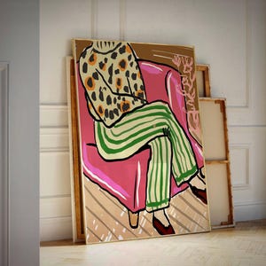Abstrakte Frau Linie Poster, Pink Rot 70s Wandkunst, Maximalist Retro Print, Dopamin Dekor, Grüne Streifen Kunst, Trippy Pop Up Print