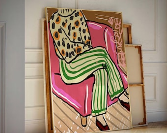 Abstract Woman Line Poster, Pink Red 70s Wall Art, Maximalist Retro Print, Dopamine Decor, Green Stripes Art, Trippy Colored Pop Up Print
