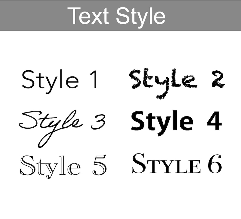 以下が含まれることがあります： 「Style 1」から「Style 6」まで番号が付けられた6つの異なるテキストスタイルを示す画像。テキストスタイルは、シンプルなサンセリフから手書き、装飾的なフォントまでさまざまです。画像には上部に「Text Style」というテキストも含まれています。