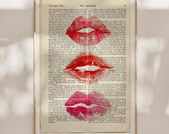 Trendy Newspaper Print, Retro Kiss Lips Wall Art, Red Kisses Aesthetic Poster, Preppy Coquette Girly Dorm Decor, Funky Apartment Art Print