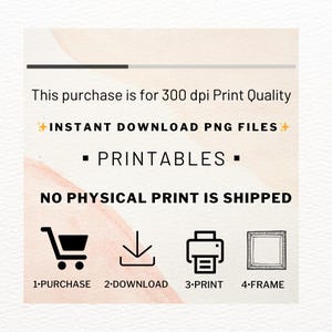 May include: A digital illustration showing the steps to purchase, download, print, and frame a printable. The text reads "This purchase is for 300 dpi Print Quality", "INSTANT DOWNLOAD PNG FILES", "PRINTABLES", and "NO PHYSICAL PRINT IS SHIPPED".