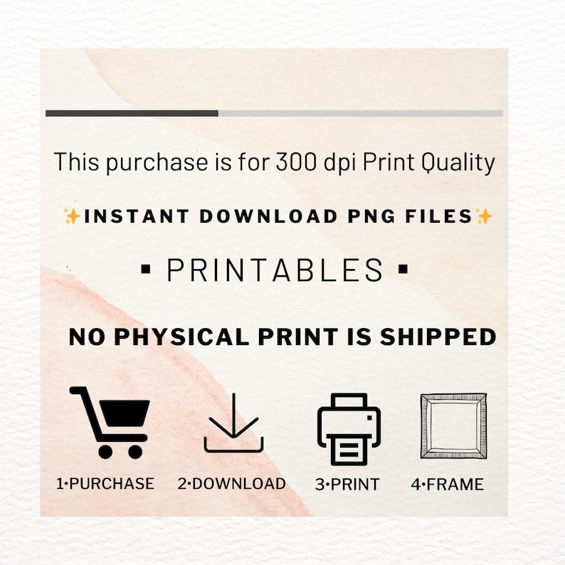 May include: A digital illustration showing the steps to purchase, download, print, and frame a printable. The text reads "This purchase is for 300 dpi Print Quality", "INSTANT DOWNLOAD PNG FILES", "PRINTABLES", and "NO PHYSICAL PRINT IS SHIPPED".