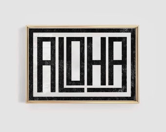 Aloha-Typografie-Druck, schwarzer Retro-Aloha-Druck, kräftiges Küstendekor, Strandhaus-Hauskunst, minimalistisches Surfer-Geschenk, Aloha-Hawaii-Wandkunst