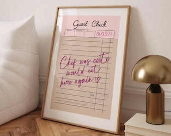 Trendy Guest Check Print, Chef Was Cute Poster, Pink Kitchen Retro Decor, Hand Drawn Art