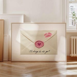 Impresión de carta de "Te amo", póster vintage con sobre de carta rosa, arte de pared retro, impresión de moda con nota de amor coqueta, beso estético escrito a mano