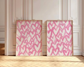 Rosa Herzen 2er-Set Druck, Abstrakte Herzen Wandkunst, Preppy Girly Wanddekoration, Trendiges Rosa Kinderzimmer Poster, Hellrosa Druck Herz Kunst