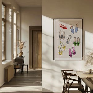 May include: A framed print of a colorful illustration of various shoes, including red, blue, yellow, green, and pink shoes with different patterns.