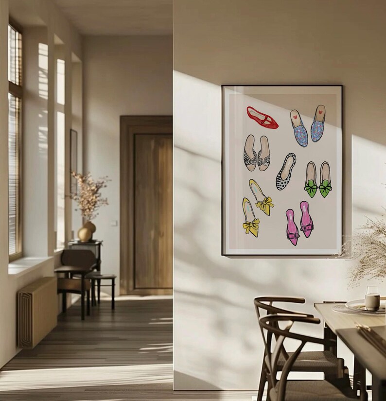 May include: A framed print of a colorful illustration of various shoes, including red, blue, yellow, green, and pink shoes with different patterns.