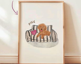 May include: A framed custom pet portrait showing a brown dog on a striped couch with a pink heart. The dog's name, "Rosie," is written above the couch. The words "Custom Pet Portrait" are written in purple at the top.
