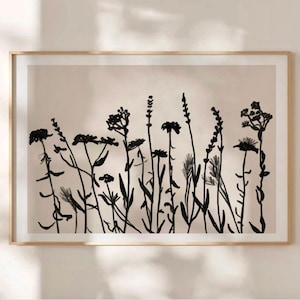 Impresión de arte floral minimalista, arte de pared de flores simples negras, póster negro y beige, arte imprimible botánico neutro, arte de línea floral retro