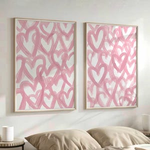 Pink Hearts Set of 2 Print, Abstract Hearts Wall Art, Preppy Girly Wall Decor, Trendy  Pink Nursery Poster, Bright Pink Print Heart Art