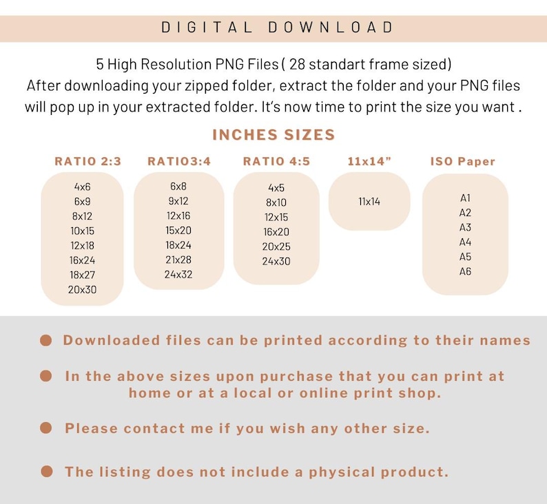 May include: Digital download graphic with size options in inches. Includes ratios 2:3, 3:4, 4:5, and 11x14, plus ISO paper sizes. Text states files are high-resolution PNGs, ready to print at home or a print shop. No physical product is included.