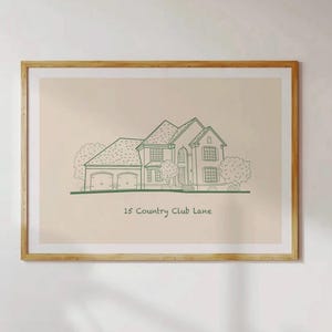Puede incluir: Un dibujo lineal enmarcado de una casa con un fondo marr&oacute;n claro. La casa tiene un garaje y una entrada de coches. El texto "15 Country Club Lane" est&aacute; impreso debajo de la casa.