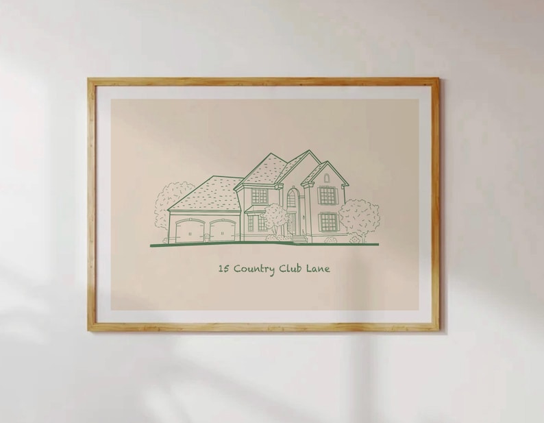 Puede incluir: Un dibujo lineal enmarcado de una casa con un fondo marr&oacute;n claro. La casa tiene un garaje y una entrada de coches. El texto "15 Country Club Lane" est&aacute; impreso debajo de la casa.