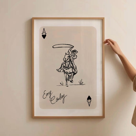 Cowboy Western Print, Cowboy Playing Card Digital Poster, Modern Rodeo Wall Art, Ride Easy Retro Print, Aesthetic Ace of Hearts Print