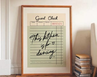 Trendy Guest Check Print, This Kitchen is For Dancing Wall Art, Green Retro Wall Art, Kitchen Wall Decor, Minimalist Quote Poster Digital