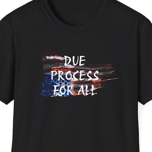 Puede incluir: Camiseta negra con un diseño de bandera estadounidense descolorida y el texto "Due Process For All".