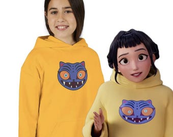 Dziecięca bluza z kapturem Zoey w kolorze żółtym Derpy Blue Tiger - młodzieżowa bluza z kieszonką Kpop Demon Hunters Merch, cosplay Zoey, prezent urodzinowy na Boże Narodzenie