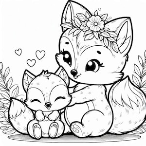 May include: A black and white line drawing of two foxes. The larger fox is wearing a flower crown and has its paw on the smaller fox's back. Both foxes have big eyes and are smiling.