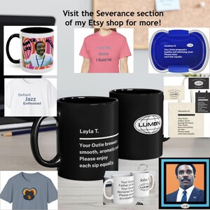 May include: A selection of merchandise from the TV show Severance, including mugs, t-shirts, a lunchbox, and tote bags. The mugs are black and white, and the t-shirts are various colours. The text includes phrases from the show.