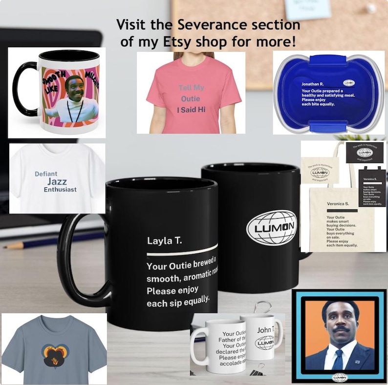 May include: A selection of merchandise from the TV show Severance, including mugs, t-shirts, a lunchbox, and tote bags. The mugs are black and white, and the t-shirts are various colours. The text includes phrases from the show.