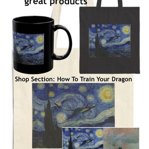 May include: A black coffee mug, a black tote bag, and a natural canvas tote bag, each with a design inspired by "The Starry Night" painting with dragons. The image also includes the text "Visit my Etsy shop for more great products" and "Shop Section: How To Train Your Dragon."