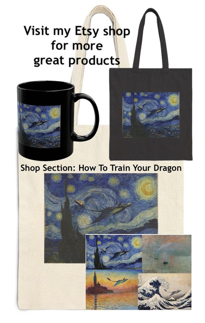 May include: A black coffee mug, a black tote bag, and a natural canvas tote bag, each with a design inspired by "The Starry Night" painting with dragons. The image also includes the text "Visit my Etsy shop for more great products" and "Shop Section: How To Train Your Dragon."