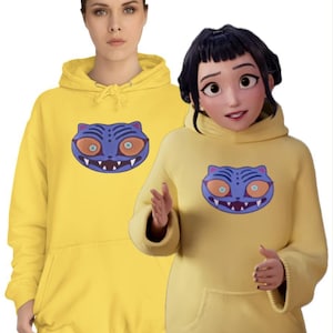 Zoey Yellow Blue Tiger Hoodie Kpop Demon Hunters, Derpy Face Sweatshirt, KPDH fan merch, Cozy Hooded teen, KDH Cosplay, Zoey Halloween