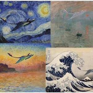May include: Four art prints depicting a dragon-like creature in flight, each set within the style of famous paintings. Includes interpretations of Van Gogh's "Starry Night" and Hokusai's "The Great Wave", offering a unique artistic fusion.