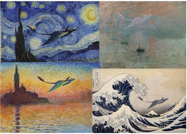 May include: Four art prints depicting a dragon-like creature in flight, each set within the style of famous paintings. Includes interpretations of Van Gogh's "Starry Night" and Hokusai's "The Great Wave", offering a unique artistic fusion.