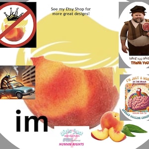 May include: A collection of illustrations and text. Features a peach with a crown crossed out, a cockroach driving a car, a figure with a lollipop, and a brain with a worm. Text includes "See my Etsy Shop for more great designs!" and "girls just wanna have fundamental HUMAN RIGHTS."