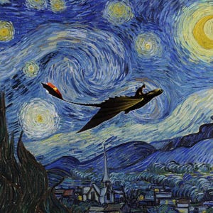 Adesivo digital para download em jpg "Como Treinar o Seu Dragão Noite Estrelada", Banguela e Soluço voando, arquivo HTTYD, pôster JPEG para impressão de Van Gogh