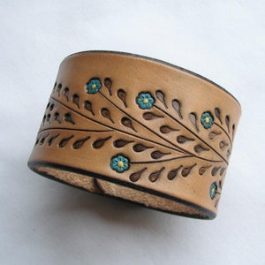 Little Blue Flowers on a Wide Leather Wristband - Leather Cuff Bracelet- Popular Design