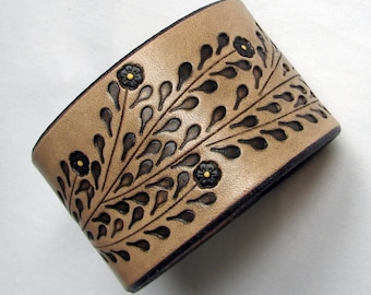Tooled Leather Cuff Bracelet - Black Flower Vine, Boho Chic