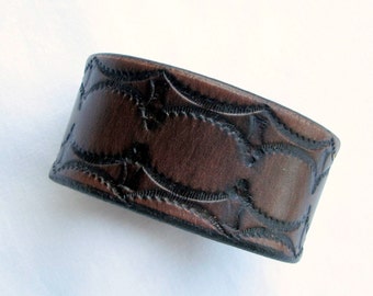 Hand-Tooled Leather Cuff / Wristband - Bridges in Deep Brown - Top Quality Veg-Tanned Cowhide Leather