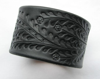 Wide Black Leather Cuff Bracelet – Hand Tooled Floral Vine