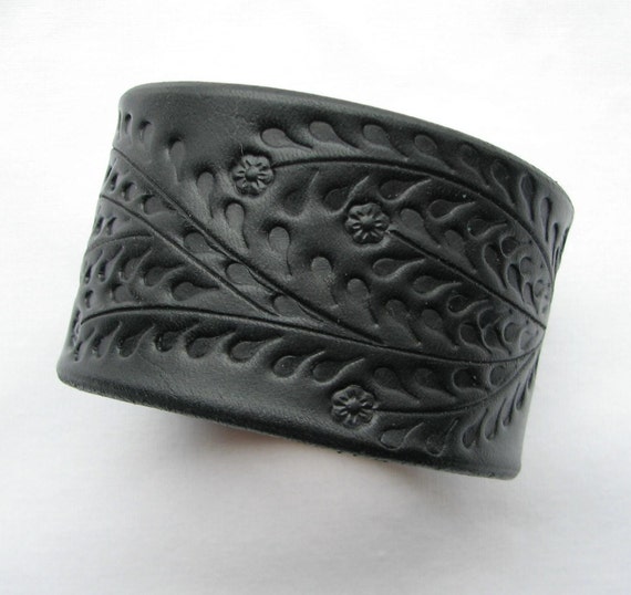 Wide Black Leather Cuff / Bracelet W Floral Vine Handcrafted Etsy