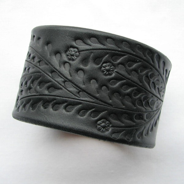 Wide Black Leather Cuff / Bracelet w Floral Vine - HandCrafted Wristband Veg Tanned Leather for Men or Women - Top Seller