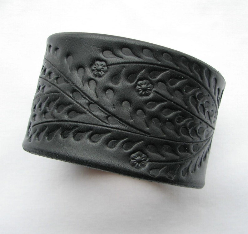 Wide Black Leather Cuff / Bracelet w Floral Vine HandCrafted Wristband Veg Tanned Leather for Men or Women Top Seller image 1