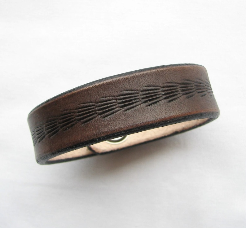 Narrow Leather Bracelet / Wristband Brown w Tooled Feathered Design image 4