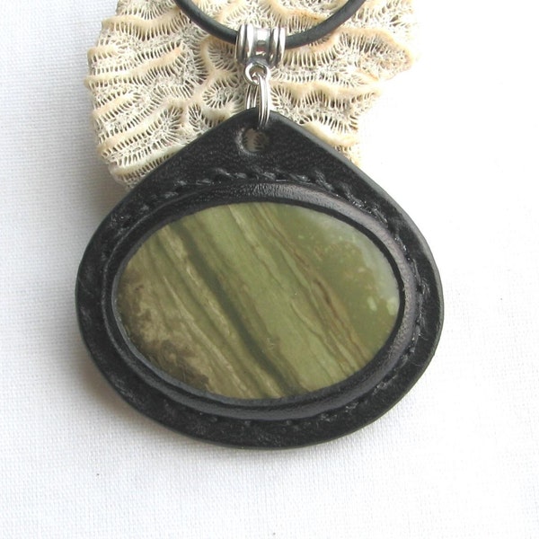 Lizard Stone Jasper Earth Medallion -- Stone and Leather Pendant