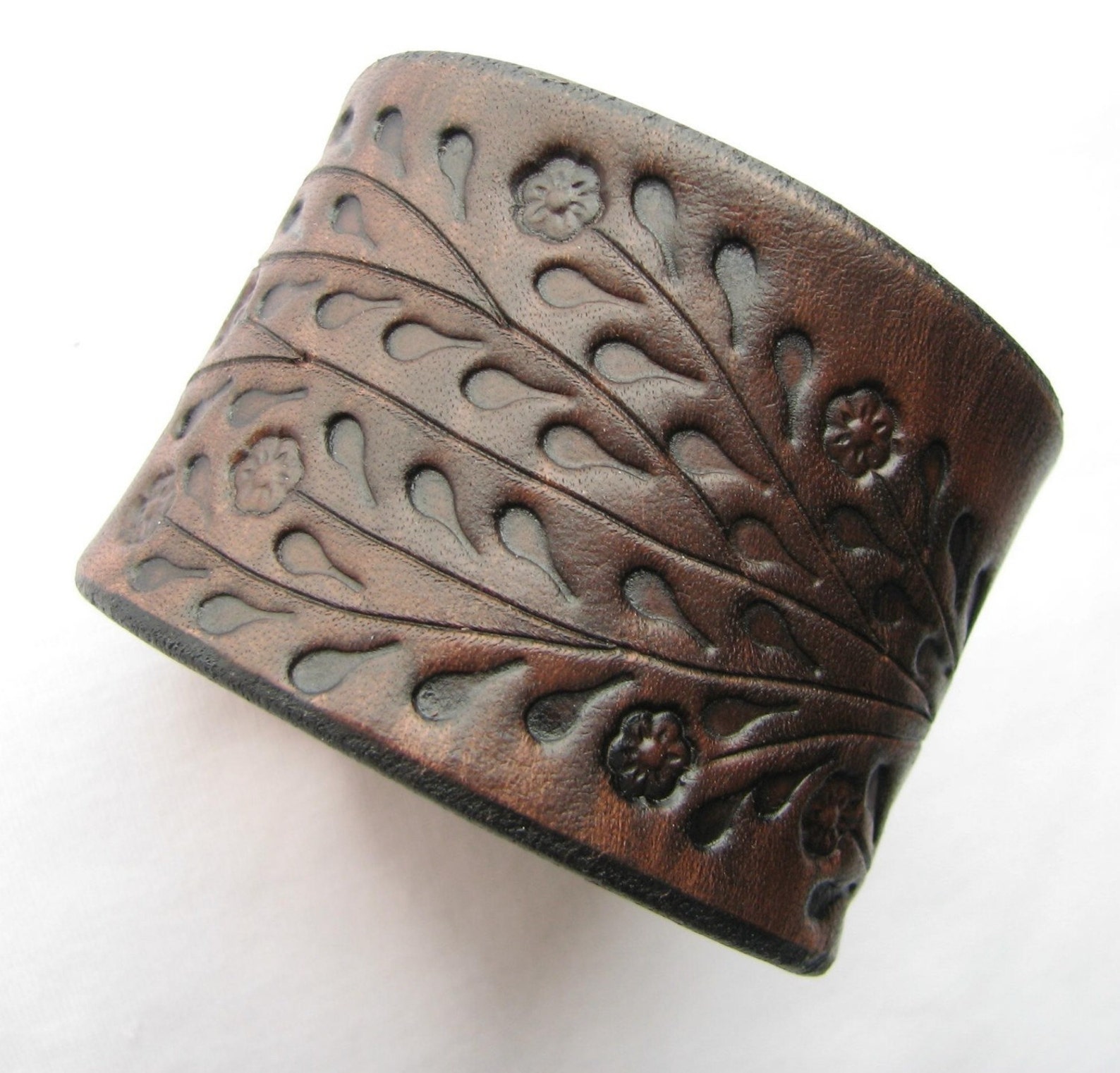 Wide Brown Leather Cuff Bracelet Floral Vine Hand Tooled Etsy