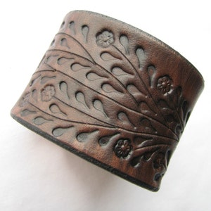 Wide Brown Leather Cuff Bracelet - Floral Vine Hand Tooled - Made of Top Quality Veg Tanned Leather- Top Seller!