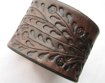 Wide Brown Leather Cuff Bracelet - Floral Vine Hand Tooled - Made of Top Quality Veg Tanned Leather- Top Seller!